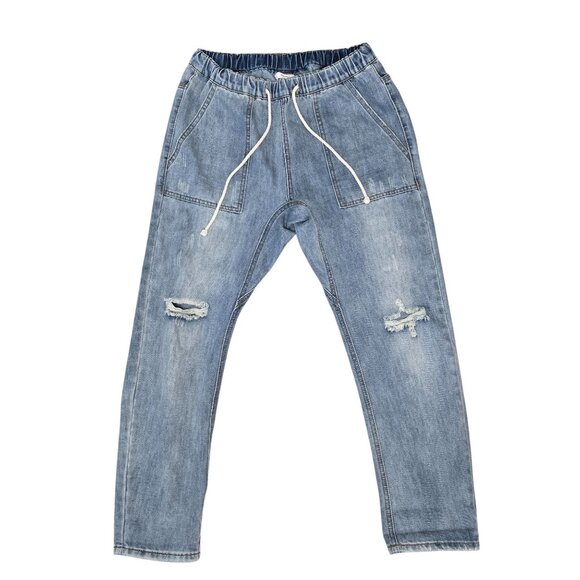 Distressed Light Wash Elastic Waist Denim Jogger Jeans W/ Drawstring By Mustard - Picture 2 of 5